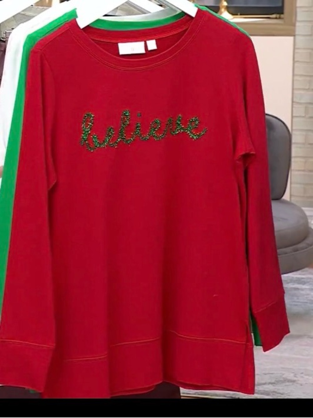 Kim Gravel Jingle Belles 'Believe' Holiday Terry Cloth Sweatshirt Size L New